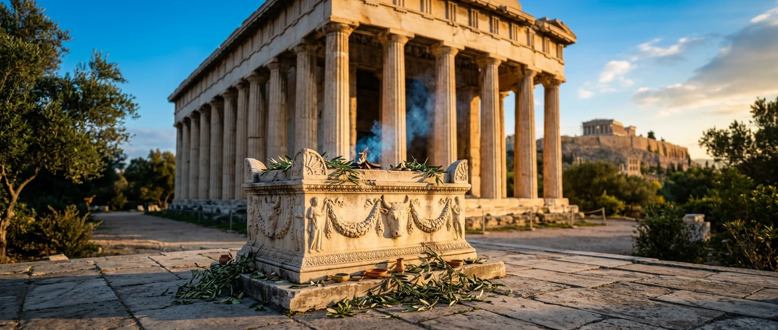 Αρχαίος ελληνικός βωμός φωτισμένος από τον ήλιο της δύσης, με στεφάνια και τον καπνό μιας μικρής φωτιάς
