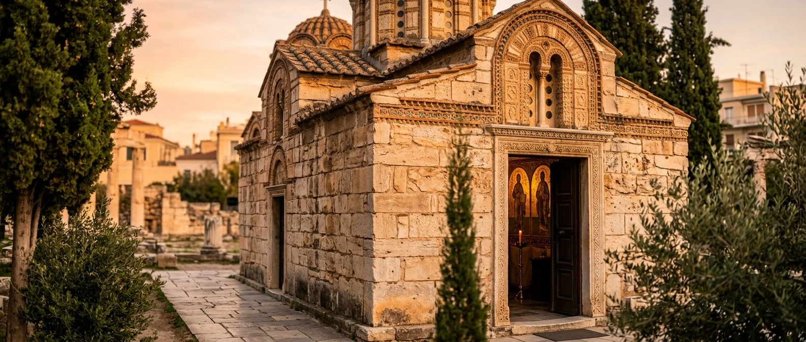 Μικρή βυζαντινή πέτρινη εκκλησία στο κέντρο της Αθήνας, με μωσαϊκές εικόνες στο εσωτερικό
