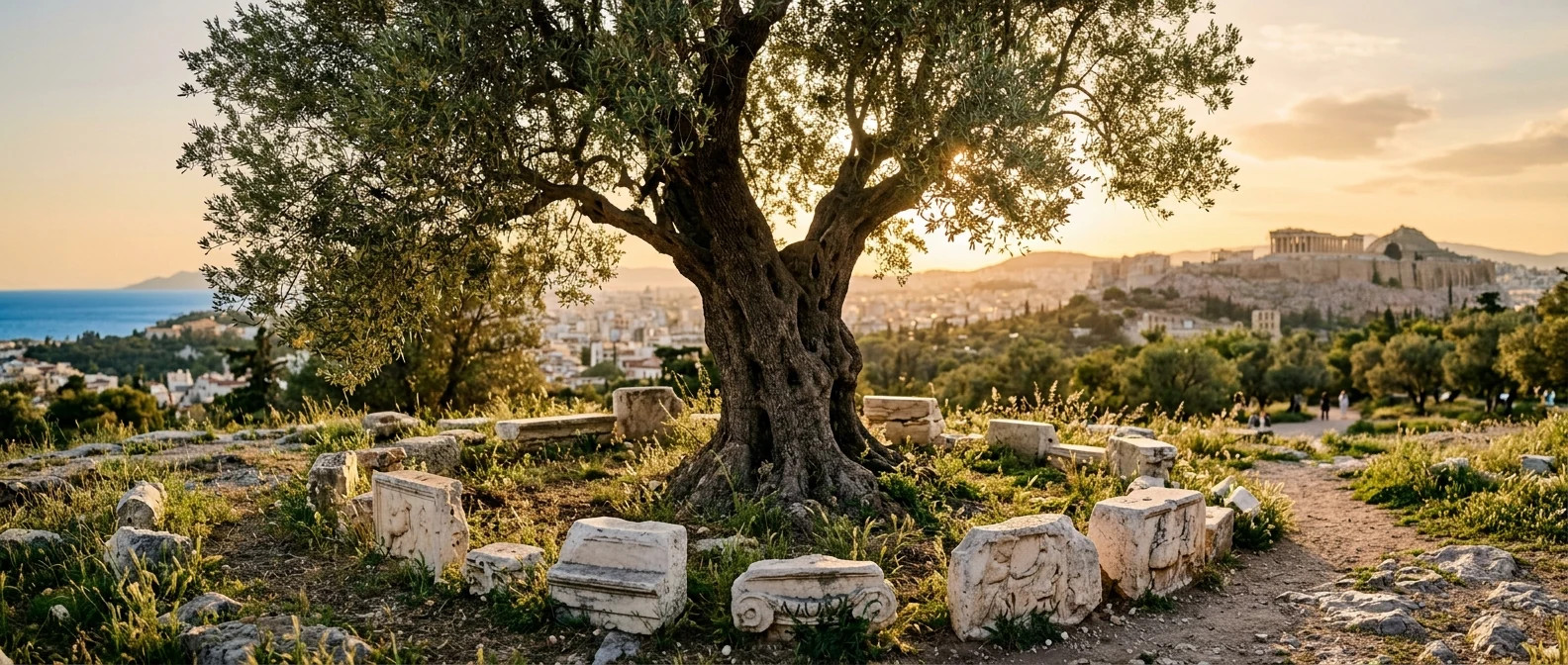 Παλιά ελιά σε αθηναϊκό πάρκο, με φθαρμένα μαρμάρινα κομμάτια γύρω από τον κορμό