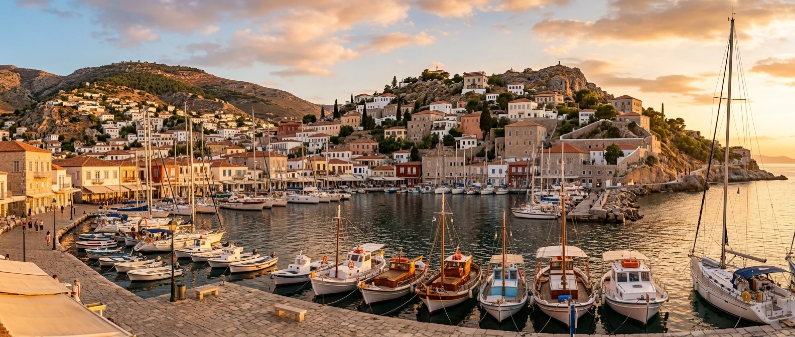 Λιμάνι της Ύδρας με πέτρινα αρχοντικά και καΐκια