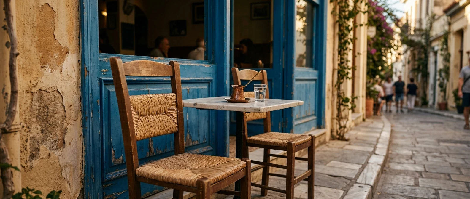 Ελληνικός καφές με μπρίκι σε ξύλινο τραπέζι παραδοσιακού καφενείου με τάβλι