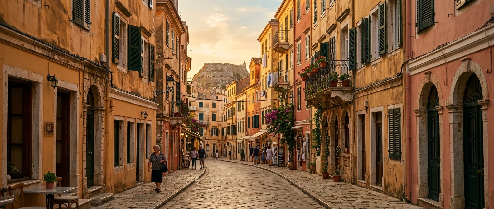 Η Παλιά Πόλη της Κέρκυρας στο χρυσό φως, με βενετσιάνικα σπίτια σε ώχρα και ροζ αποχρώσεις