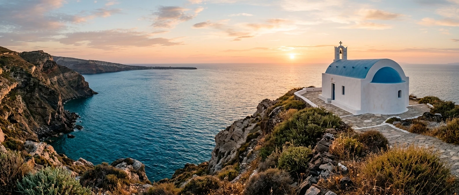 Λευκό κυκλαδίτικο ξωκλήσι σε μικρό ελληνικό νησί, πάνω από γαλάζια θάλασσα την ώρα του δειλινού