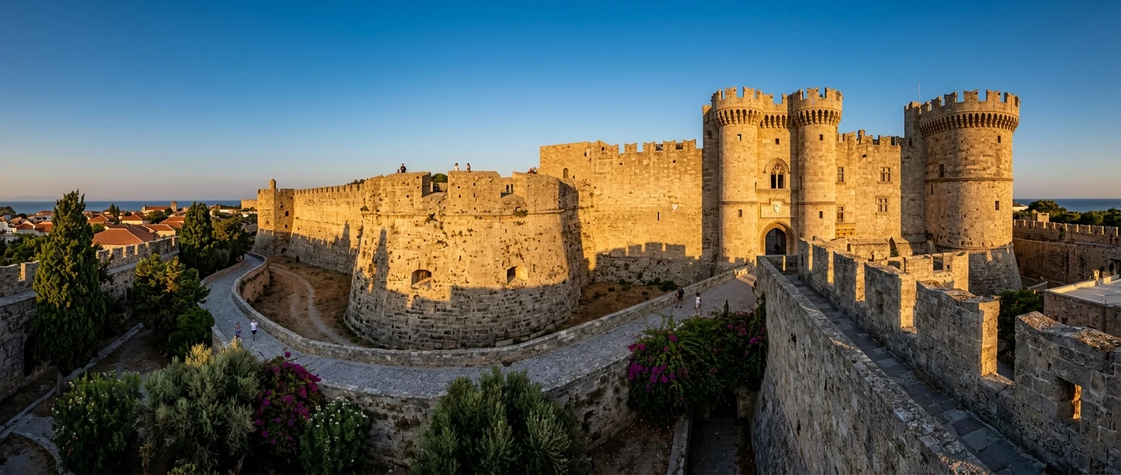 Τα μεσαιωνικά τείχη της Παλιάς Πόλης της Ρόδου με πέτρινες οχυρώσεις στο απογευματινό φως
