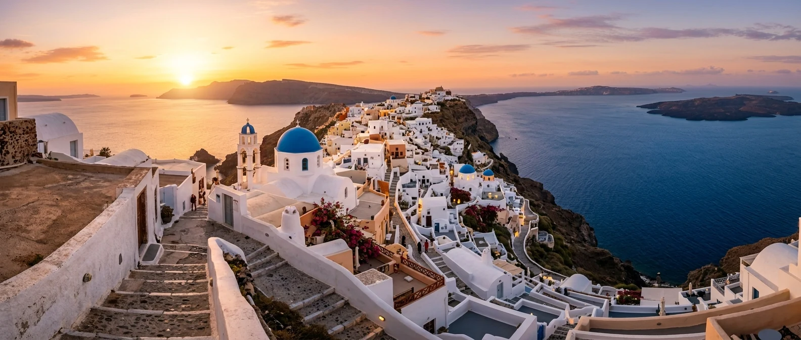 Η Οία στη Σαντορίνη με λευκά σπίτια και γαλάζιους τρούλους πάνω από την καλντέρα