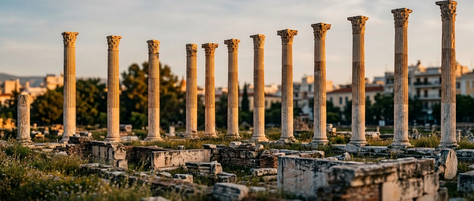Σωζόμενοι κίονες της Βιβλιοθήκης του Αδριανού στη χρυσή ώρα στο κέντρο της Αθήνας