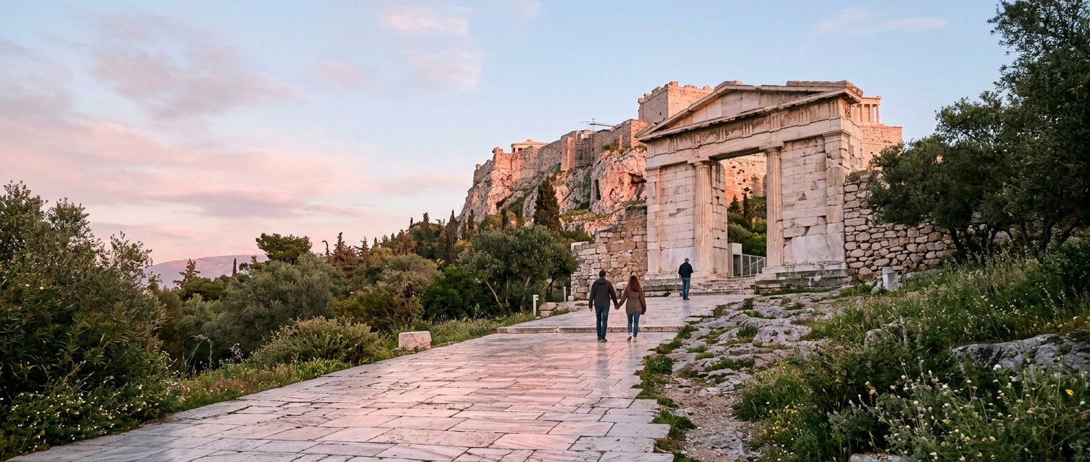 Επισκέπτες ανεβαίνουν τη μαρμάρινη διαδρομή προς τα Προπύλαια της Ακρόπολης το πρωί
