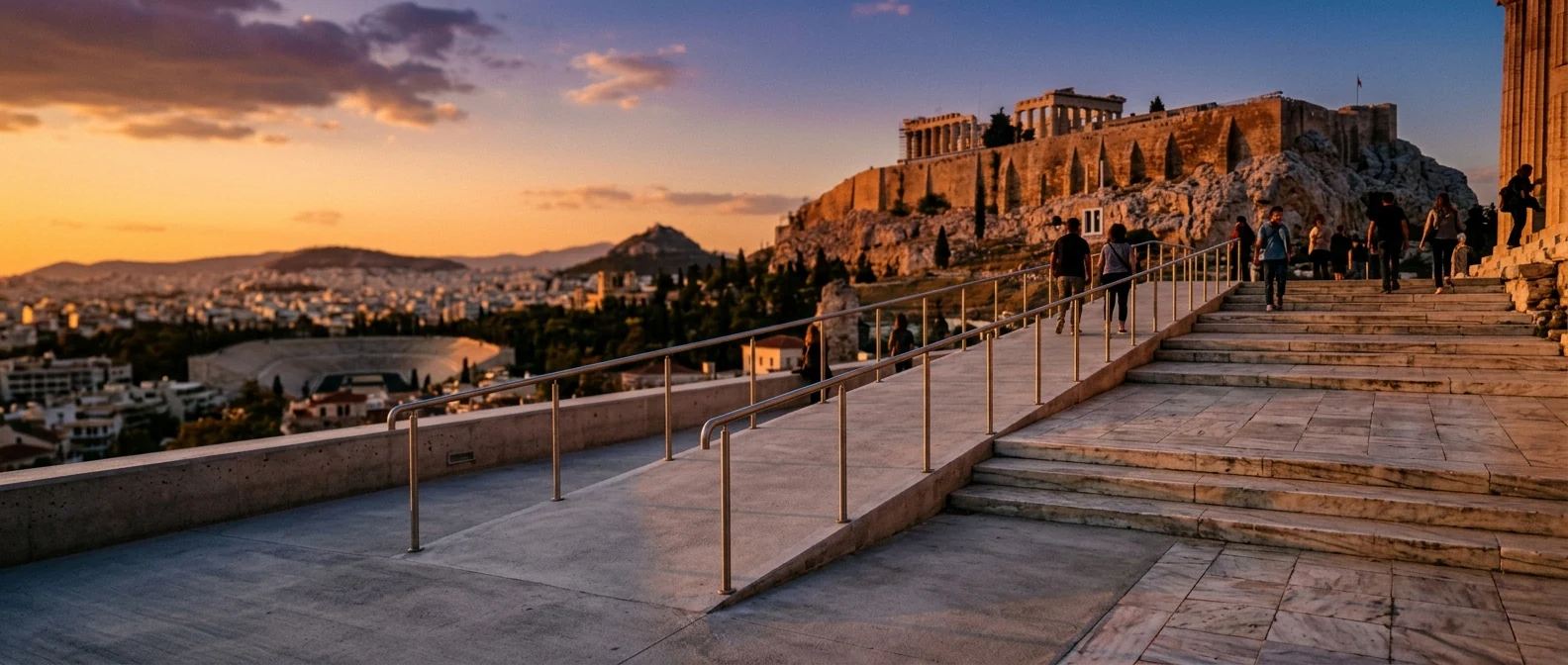 Προσβάσιμη ράμπα στο πεζοδρόμιο της Αθήνας με θέα την Ακρόπολη